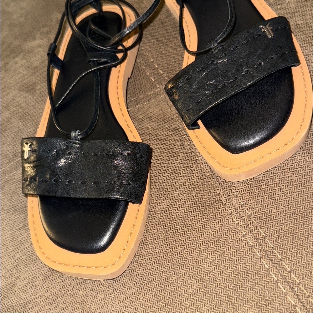 Frye Black and Tan Lace-Up Leather Sandals - Picture 2 of 4